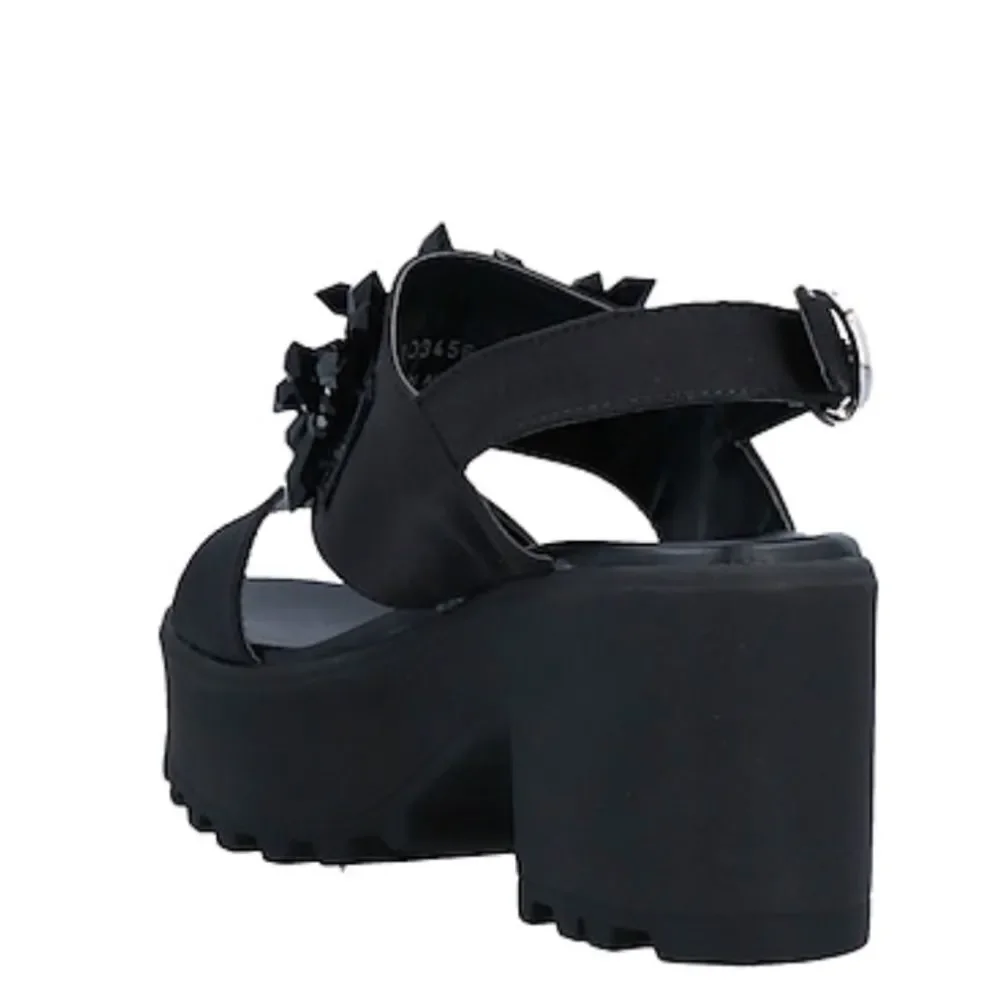 Black Satin Platform Sandals Chunky Heel Open Toe 7.5
